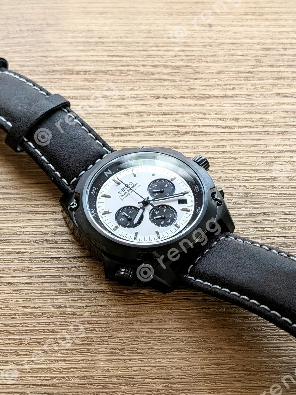 45mm Seiko Men's White Dial Panda Chronograph Mod Watch Compass Inner Ring